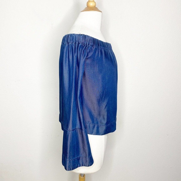 7 for all mankind Off the Shoulder Bell Cuff Sleeve Dark Chambray Top S - Picture 6 of 10